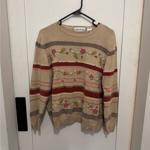 Alfred Dunner Floral Embroidered Sweater - Beige, Red, Green 🐙